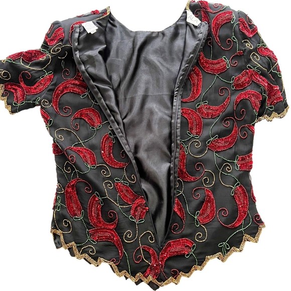 Scala Vtg Short Sleeve Chili Peppers Silk Sequined Beaded Blouse Evening Top, M - Picture 7 of 11